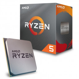 Silver AMD Ryzen 3 3600 processor with a 3.6 GHz clock speed and 32 MB L3 cache, packaged in a colorful orange and black box featuring the Ryzen logo.