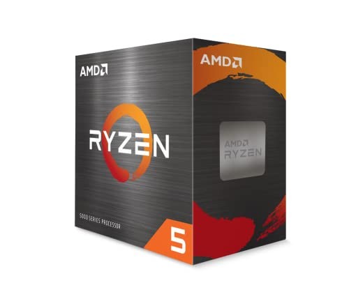 Black and orange box featuring the AMD Ryzen logo, labeled "Ryzen 5" and "5000 Series Processor," with a sleek metallic finish and a prominent processor illustration on the front.