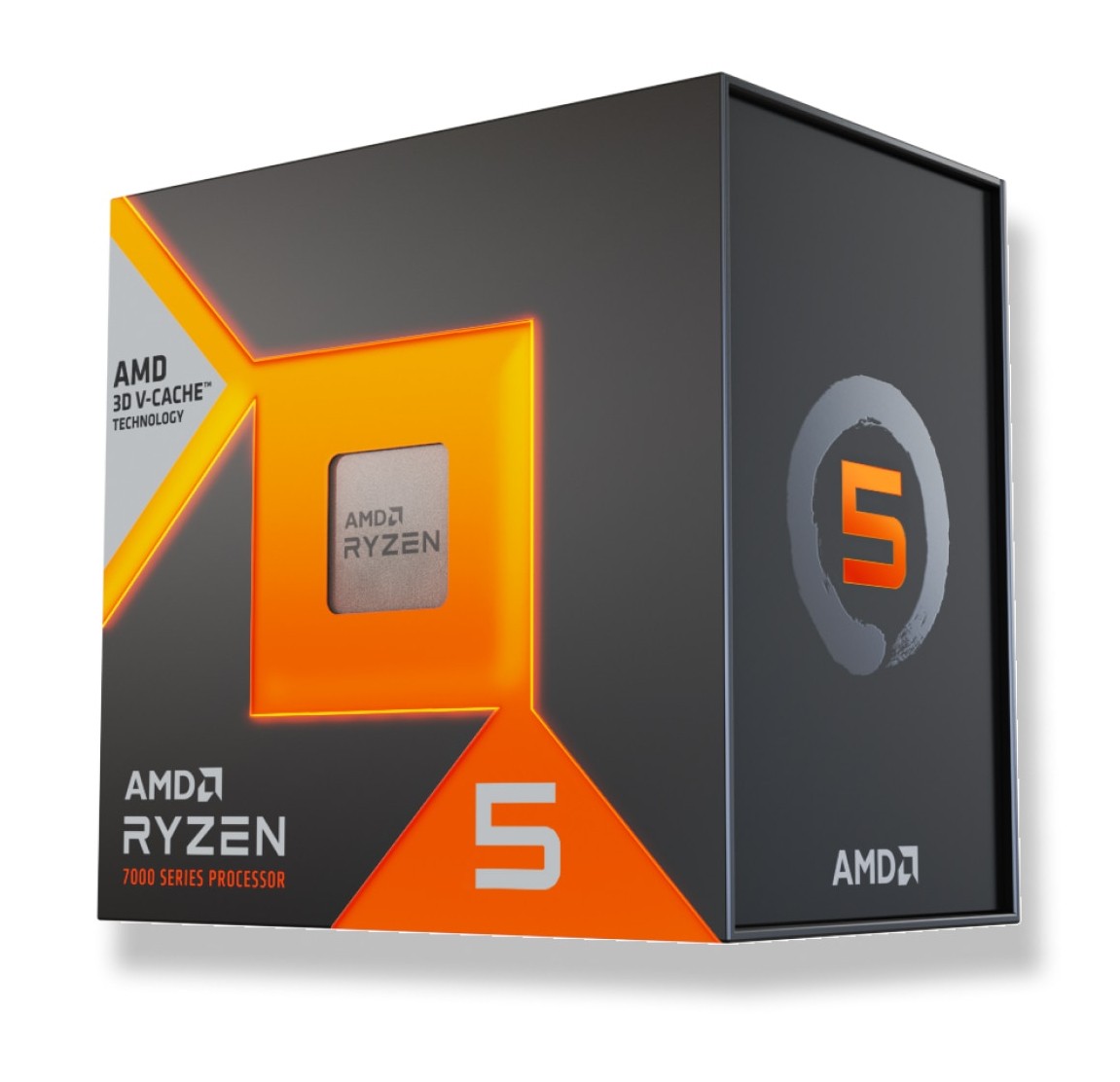 AMD Ryzen 5 7500X3D processor packaging features a sleek black box with orange accents, showcasing the processor inside and highlighting "3D V-Cache" technology and "5" logo.