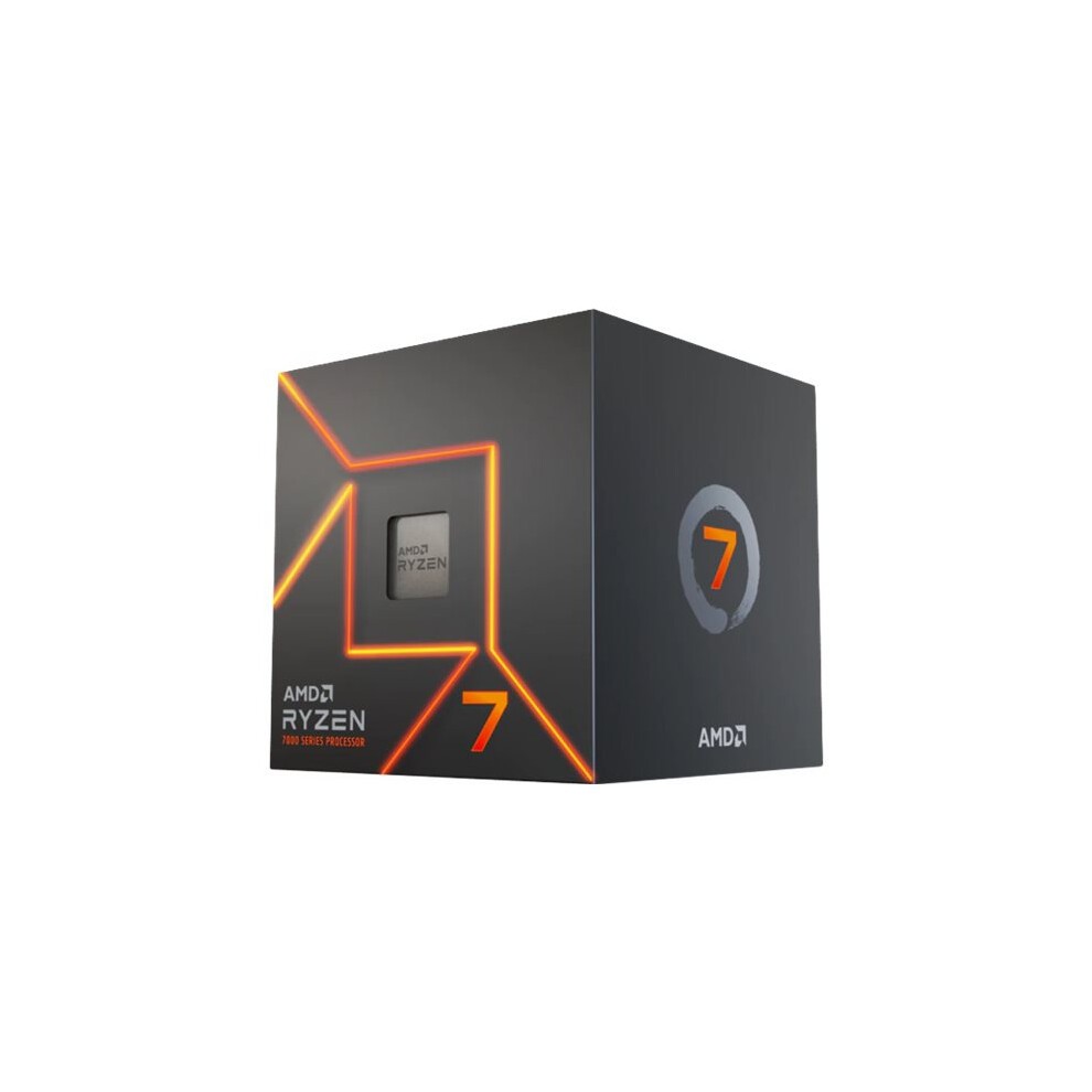 Black box with orange accents featuring the AMD Ryzen 7 logo, displaying the processor inside, labeled "3.8 GHz 32 MB L3 Tray."