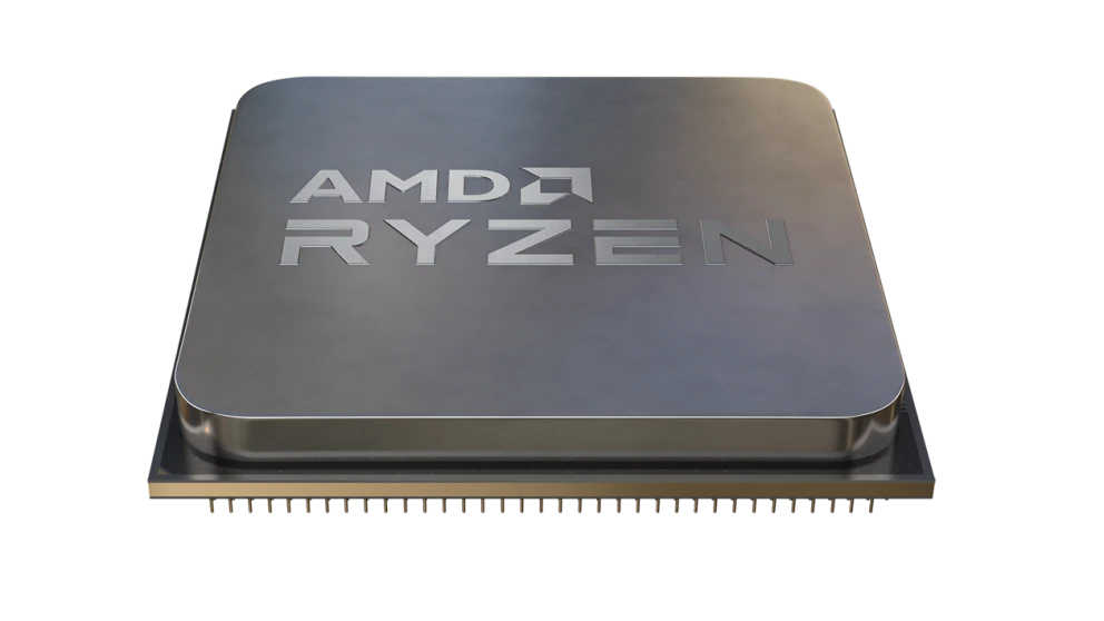 Silver and black AMD Ryzen 7 7800X3D processor with a sleek, metallic finish, featuring the AMD and Ryzen logos prominently on the top surface and a grid of pins on the underside.