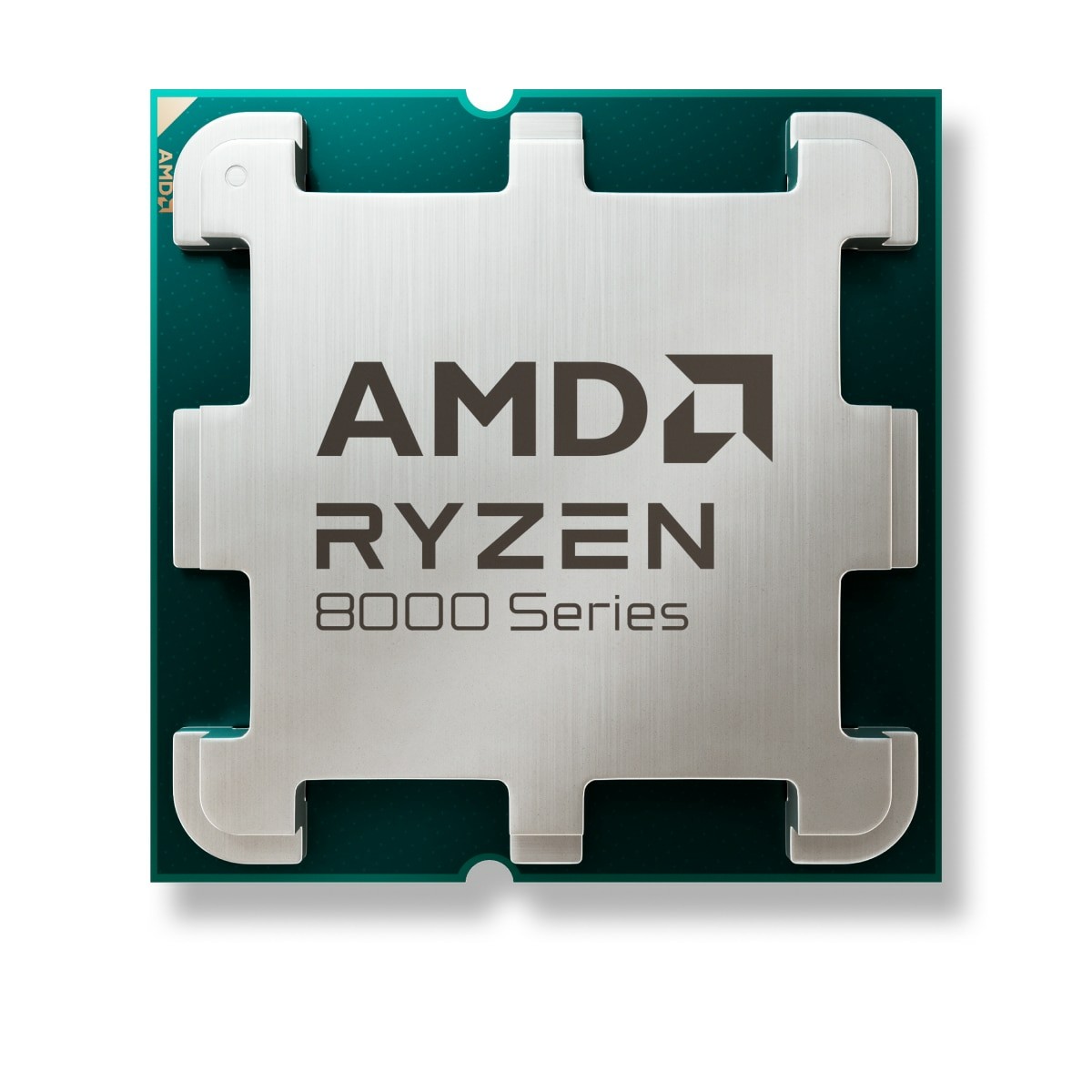 Silver AMD Ryzen 7 8700F processor with a green tray, featuring the "AMD" logo and "RYZEN 8000 Series" text prominently displayed on the surface.