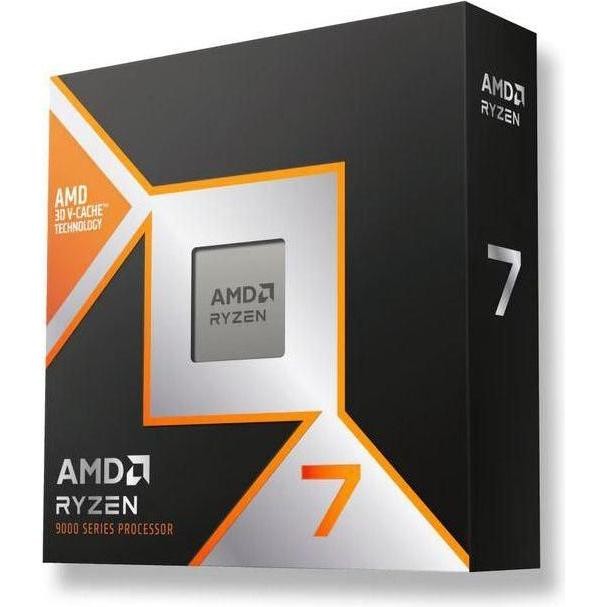 Black box featuring orange and white accents, prominently displaying "AMD Ryzen 7" and "3D V-Cache Technology," with a silver processor visible inside.