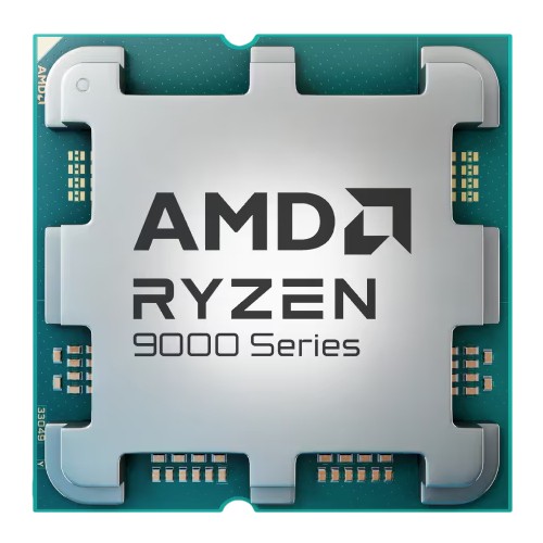 Silver AMD Ryzen 9 9900X processor with a blue-green base, featuring the AMD logo and "9000 Series" text, showcasing a square design with gold contact pins.