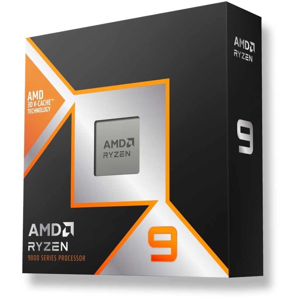 Black and silver box featuring the AMD Ryzen logo, with an orange accent and a prominent "9" on the front, indicating the Ryzen 9 9950X3D processor with 3D V-Cache technology.
