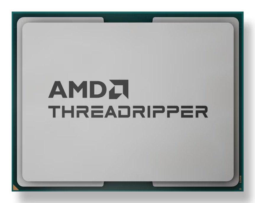 Silver rectangular CPU with a dark green base, featuring the AMD logo and "THREADRIPPER" text prominently displayed on the top surface.