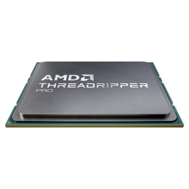 Silver and green AMD Ryzen Threadripper PRO 7985WX processor with "AMD THREADRIPPER PRO" logo, featuring a sleek, metallic surface and a rectangular shape.