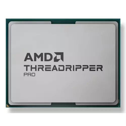 Silver and green AMD Ryzen Threadripper PRO 9955WX processor featuring a large, flat surface with the AMD logo and "THREADRIPPER PRO" text prominently displayed.