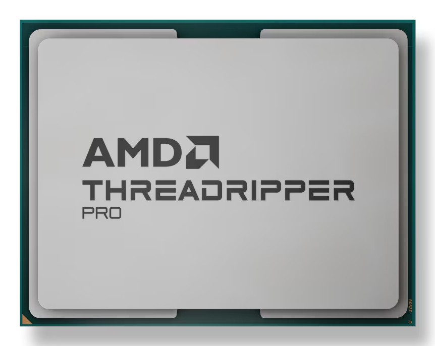 Silver and green AMD Ryzen Threadripper PRO 9965WX processor with a prominent black logo and text, featuring a rectangular shape and multiple pins on the underside.