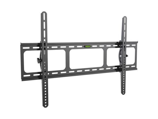 Black metal flat panel wall mount with adjustable tilt, featuring a built-in level and multiple mounting holes for stability, designed to support up to 60kg.
