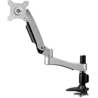 Black and silver monitor mount with adjustable arm and desk clamp, fits 26" screens, by Amer Mounts.