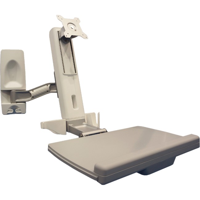 Adjustable wall mount in light gray for flat panel displays, featuring a sturdy arm, VESA mount compatibility, and a shelf for a keyboard or monitor, TAA compliant.