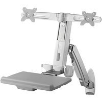 Gray Amer Mounts sit-stand workstation with dual monitor arms and adjustable keyboard tray.