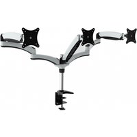 Black triple monitor mount with adjustable arms and clamp base for 28" screens.