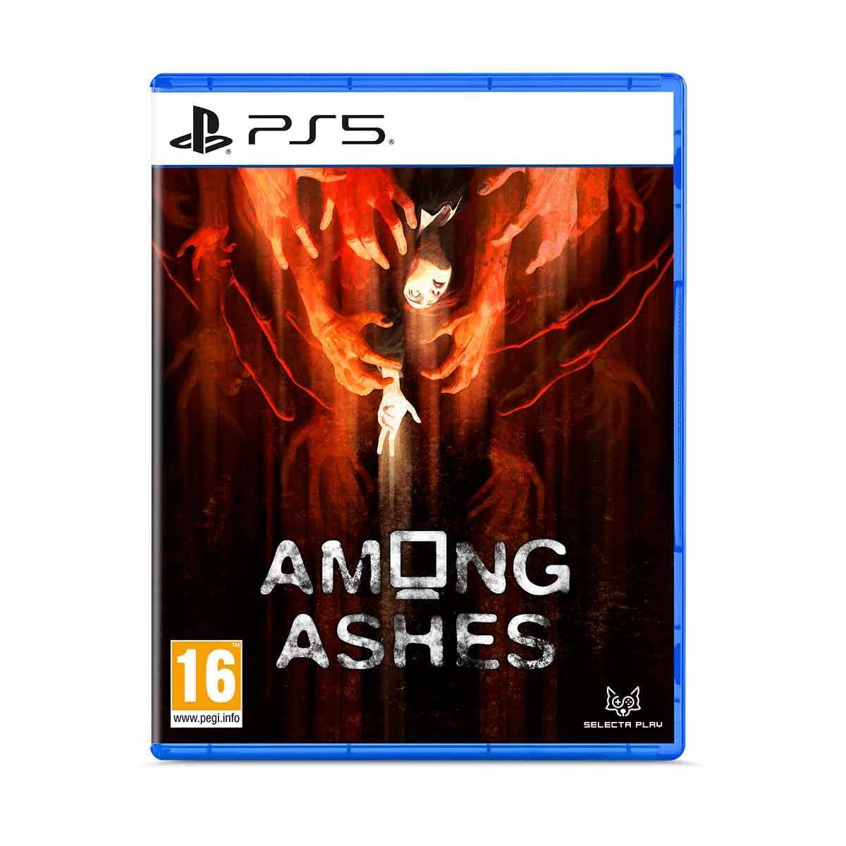 Cover art features a dark, atmospheric design with fiery red and orange hues, showcasing ghostly figures and the title "Among Ashes" prominently in white, housed in a blue PS5 case.