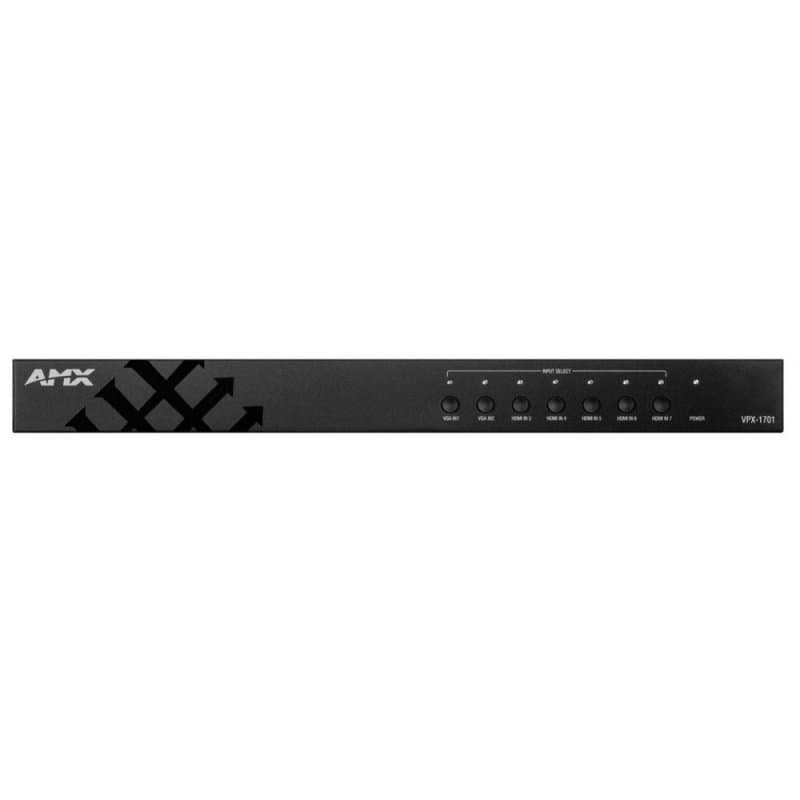 AMX VPX-1701 in black, featuring a sleek metal design, with six control buttons and a power indicator on the front panel, ideal for audio/video signal management.