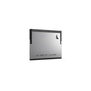 Silver CFast 2.0 card with a sleek design, featuring the "AV PRO CF" label and a logo, indicating a storage capacity of 512 GB.