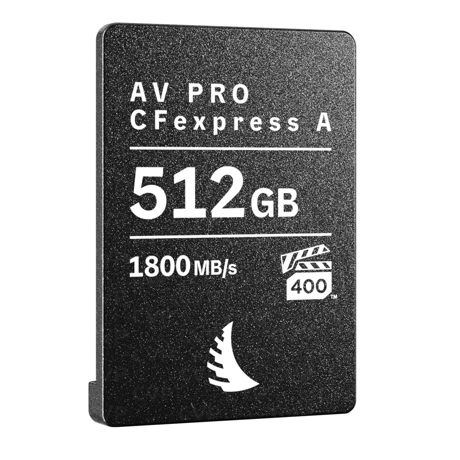 Black CFexpress Type A card with a textured surface, featuring white text indicating "AV PRO CFexpress A," "512GB," and "1800MB/s" with a film icon and speed class 400 logo.