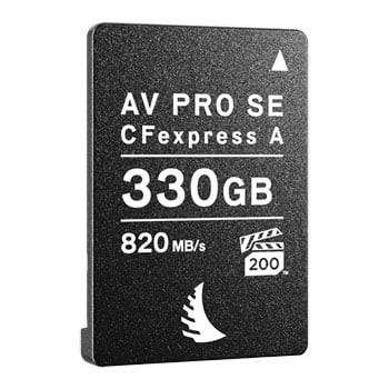 Black CFexpress A memory card labeled "AV PRO SE 330GB" with a speed of 820 MB/s, featuring a sleek design and a logo of a bird at the bottom.