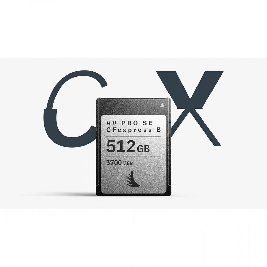 Silver CFexpress B memory card with a capacity of 512GB, featuring a sleek design and a maximum read speed of 3700MB/s, highlighted against a minimalist background.