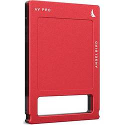 Red metal enclosure with a textured surface, featuring the "AV PRO" logo and a cut-out handle, designed for the Angelbird Technologies 2 TB storage device.