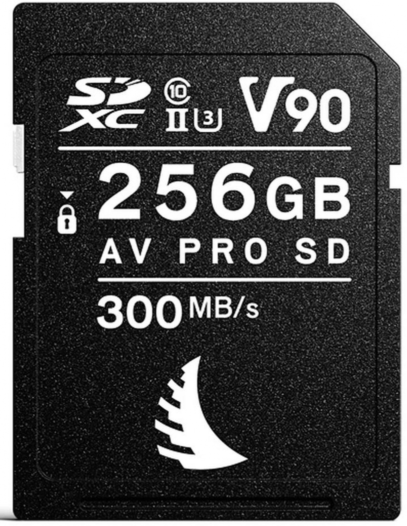 Black SD card labeled "AV PRO SD V90 256GB" with UHS-II and speed rating of 300MB/s, featuring a lock symbol and distinctive logo design.