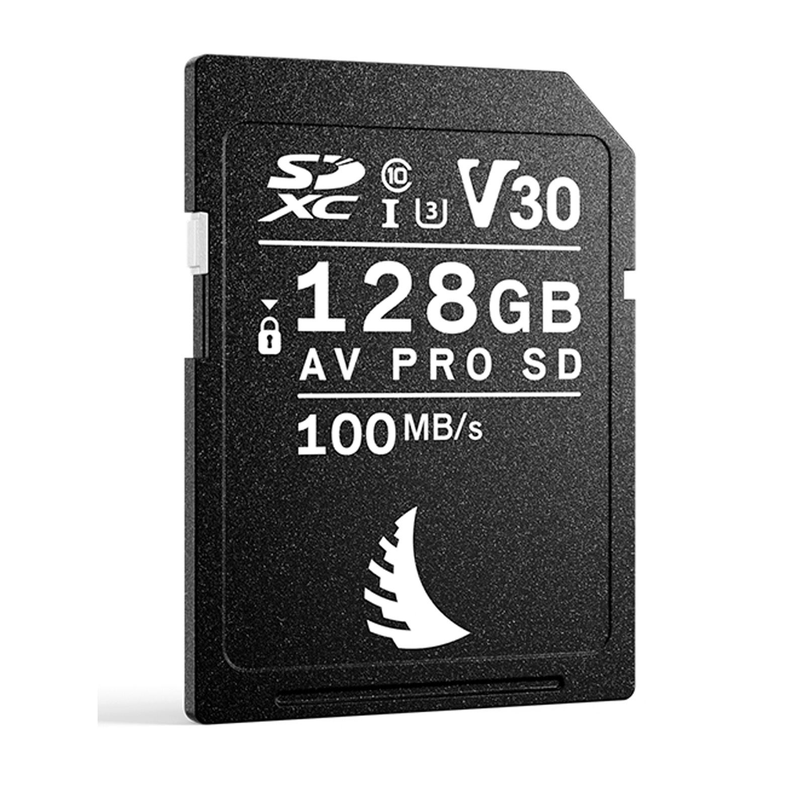 Black SD card with "AV PRO SD" and "128GB" printed in white, featuring a V30 speed class and a logo resembling a bird, designed for high-speed data transfer at 100MB/s.