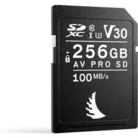 Black Angelbird AV PRO SD V30 256GB SDXC UHS-I card with white text and logo, 100MB/s speed.