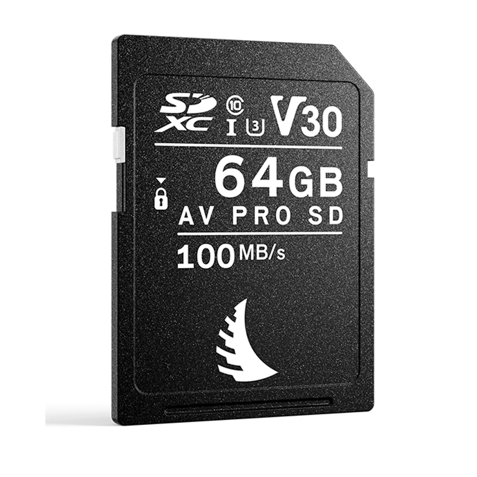 Black SDXC memory card labeled "AV PRO SD V30," featuring a storage capacity of 64GB, UHS-I speed class, and a read speed of 100MB/s.