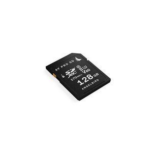 Black SD card with "AV PRO SD" and "V60" labels, featuring a 128 GB capacity and UHS-II speed, designed for high-performance storage.