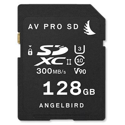 Black SD memory card with white text displaying "AV PRO SD," "SDXC II," "300MB/s," "V90," and "128GB," featuring a gold contact area and Angelbird logo.