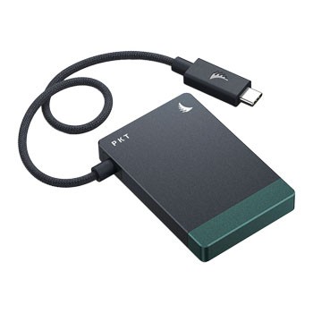 Compact black card reader with a textured finish, featuring a green accent at the bottom and a USB-C cable attached for connectivity.