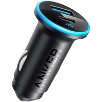 Black Anker car charger with dual USB ports, blue LED ring, and sleek cylindrical design for mobile devices.