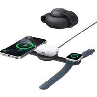 Black Anker wireless charger with slots for smartphone, smartwatch, and earbuds, featuring fast charging capability.