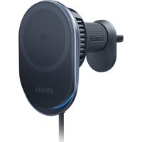 Black Anker mobile charger with circular pad, vent clip, and blue LED indicator.
