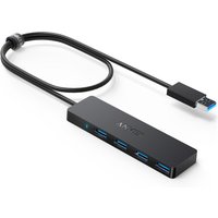 Black Anker USB 3.2 Gen 1 hub with four blue USB ports and attached cable.
