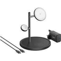 Black Anker MagGo wireless charger with circular stand, USB cable, and wall adapter.