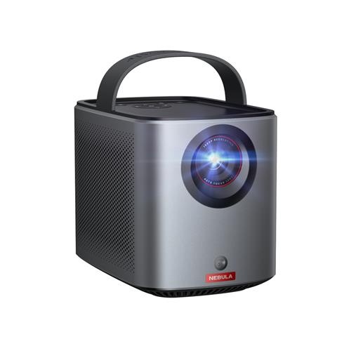 Grey Anker Nebula Mars 3 Air Standard Throw Projector with a sleek, compact design, featuring a lens with a colorful light projection and a convenient carrying handle.