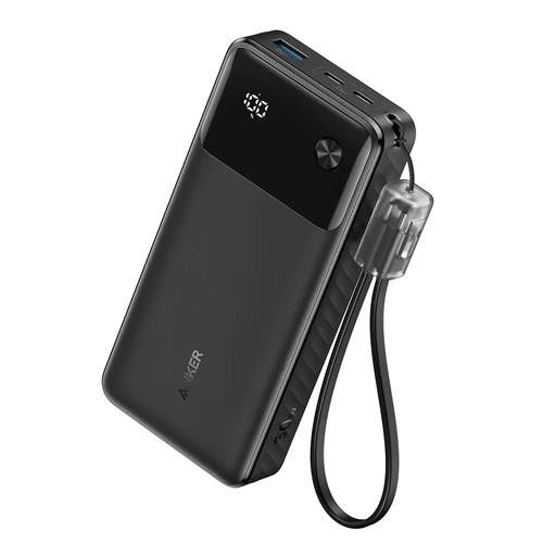 Anker 20,000mAh PD Power Bank in sleek black, featuring a digital display, USB-C and USB-A ports, and a textured grip for easy handling.