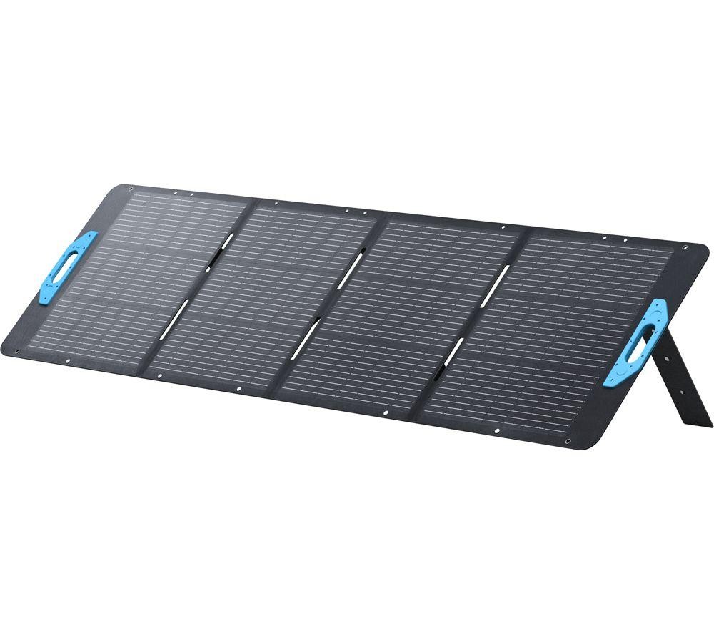 Black monocrystalline solar panel with four sections, featuring blue handles for portability and a sturdy stand for support, designed for efficient energy conversion.