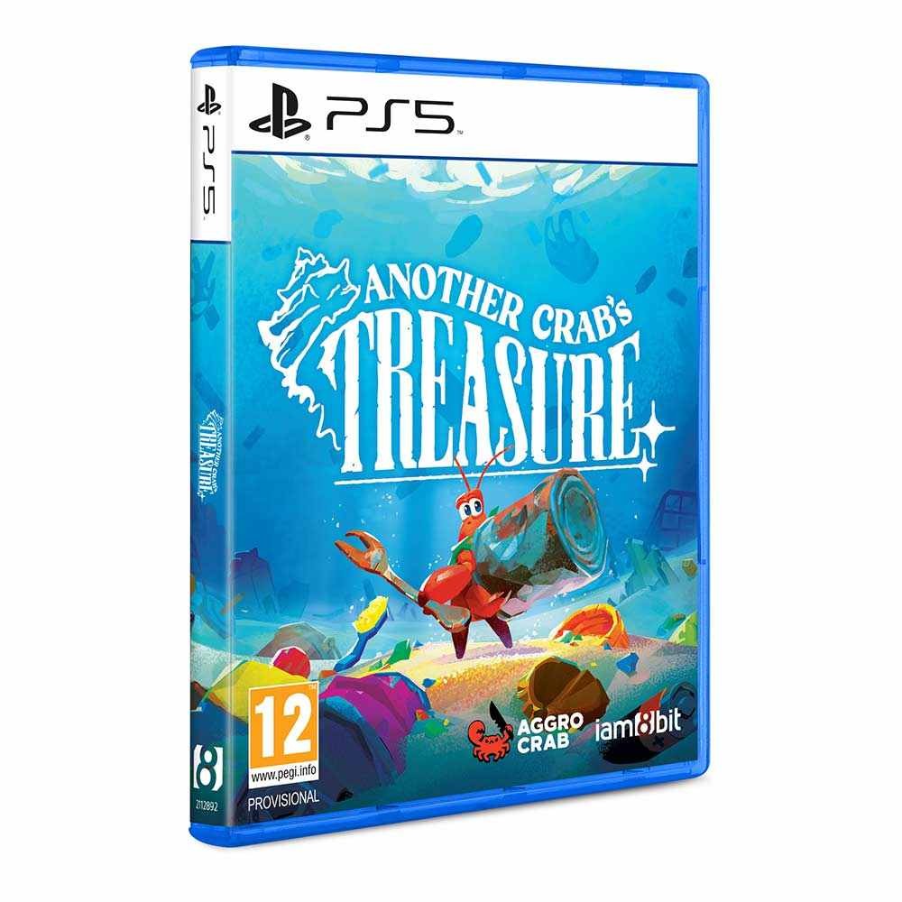 Bright blue PS5 game case featuring "Another Crab's Treasure" title, with vibrant artwork of a crab amidst underwater scenery and colorful trash, showcasing a playful, cartoonish style.
