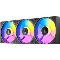 Black Antec computer cooling system with three 12 cm RGB fans in a row, featuring vibrant multicolor LED lighting.