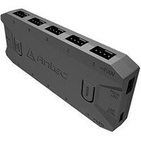 Antec ARGB & PWM fan speed controller, black rectangular hub with multiple ports and Antec logo.