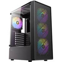 Antec AX26 RGB Elite gaming PC case with tempered glass side, mesh front, and four 120mm RGB fans.