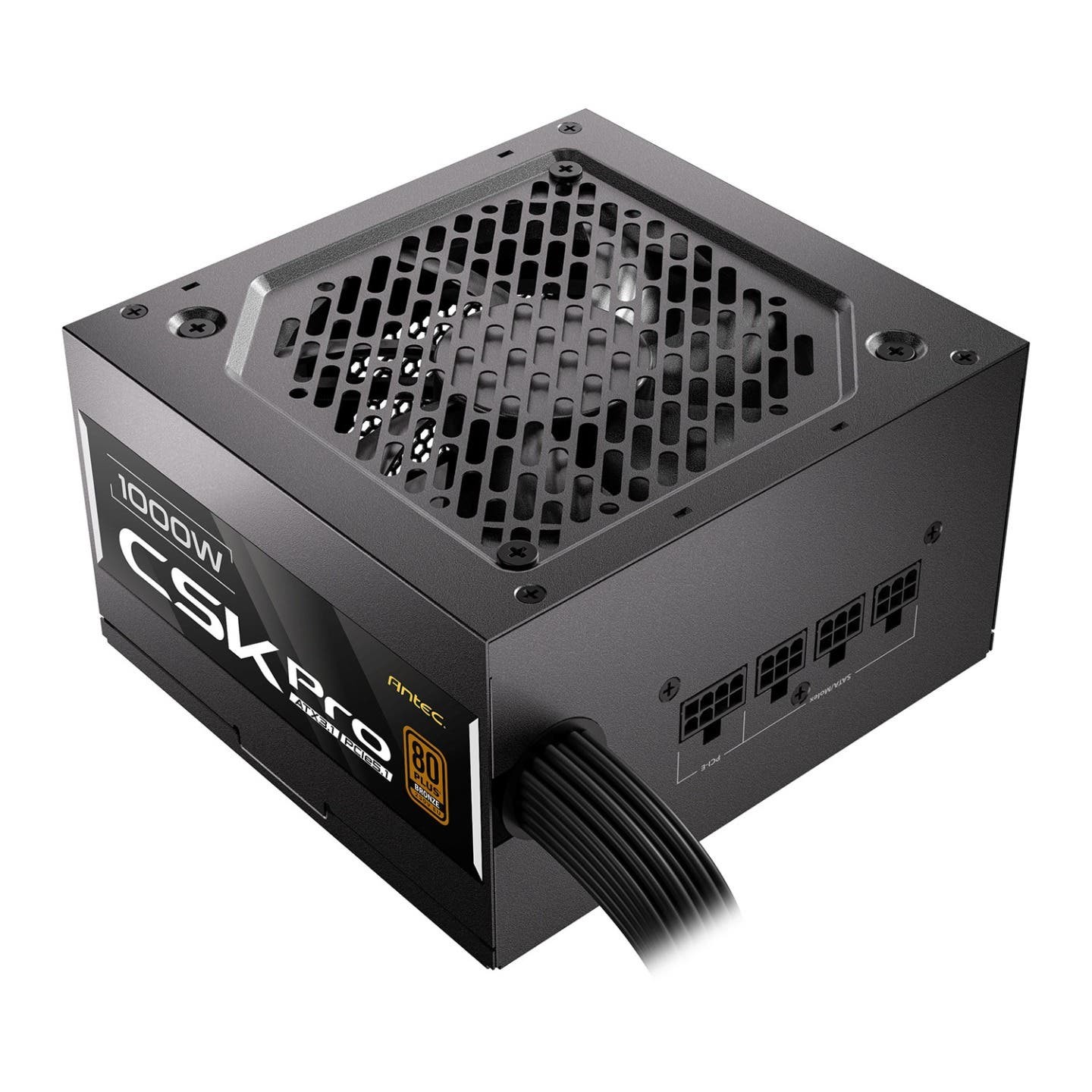 Antec CSK1000 PRO 1000W ATX 3.1 power supply in black, featuring a mesh top for ventilation, multiple output connectors, and an 80 PLUS Bronze certification label.