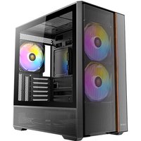 Black Antec FLUX REAR Mid Tower PC case with wood accent, tempered glass panel, and RGB fans.