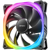 Black Antec Fusion 120 mm ARGB computer case fan with rainbow LED lighting and sleek black blades.