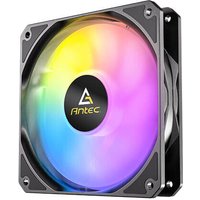 Black Antec P12 ARGB computer case fan with rainbow LED lighting and sleek square frame design.