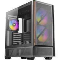 Black Antec P30 ARGB Midi Tower with tempered glass panel and three RGB fans, featuring a sleek, modern design.