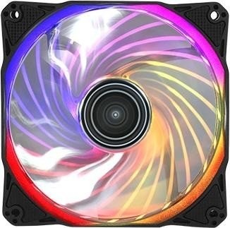 Antec Rainbow 120 RGB computer case fan features a 12 cm transparent blade with vibrant RGB lighting, showcasing a swirling pattern in black housing.
